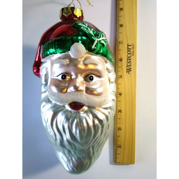 Huge Santa Claus Head Christmas Tree Ornament 8" Glitter Glass Moustache Holiday - Picture 2 of 8
